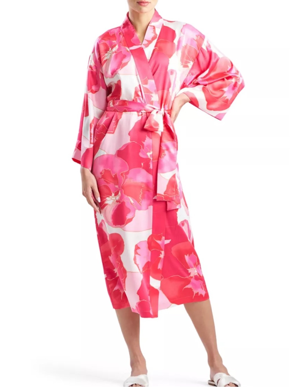 Natori Floria Printed Satin Robe in Pink